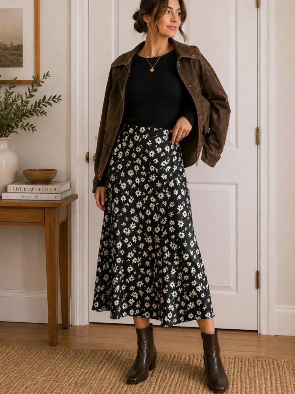 Dress Forum Black White Floral Satin Midi Skirt M High Rise Bias Style ✨